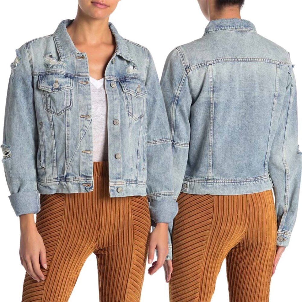 Free People Rumors Light Wash Denim Jean Jacket Women's Medium Distressed Boho